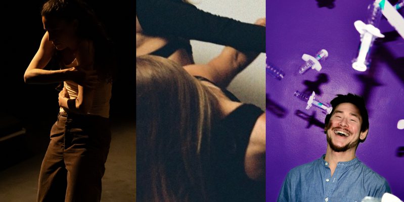 This image is divided into three parts. On the left, a woman with long hair, wearing a white tank top and dark trousers, is illuminated by low light as she wraps her arms around herself and curves her back. In the centre, several dancers in black outfits link arms and hands, their bodies partially visible as they lean and pull in different directions. On the right, man shown from the shoulders up laughing against a purple background, surrounded by flying syringes.