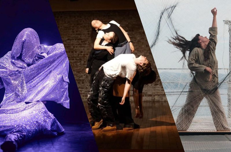 1: A figure, draped in sequined garments, resembling a dazzling monster, waves to us from a seated position on the floor. 2: Female dancers on a stage in front of a brick wall, lighting is warm and welcoming. They are placed in a row with the first one from the left is sat on the floor, second one standing, third sat on a chair and the fourth one is standing. They are all tilting their head to the right. Stacked under it is an image has the 4 dancers draped on each other in the middle of the stage. 3: Dancer Alara Vural arches backward inside a woven net frame, arm reaching skyward, flanked by a cellist and percussionist against sea and hills — a moment of raw tension between freedom and entanglement.