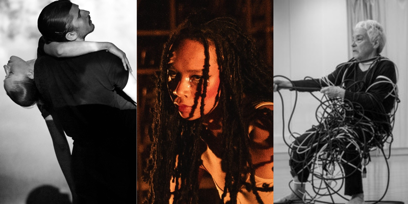 This image is divided into three parts. On the left, black-and-white photo of two people, one in a black T-shirt and trousers leaning back and looking sideways while holding another partly hidden behind them with an arm wrapped around their neck. In the middle, person with long black braids wearing a nude camisole, shown from the shoulders up at a diagonal angle, holding an intense gaze under warm light. On the right, black-and-white photo of an older adult sitting in a studio, wrapped in a large bundle of cables and holding one cable while looking to the side.