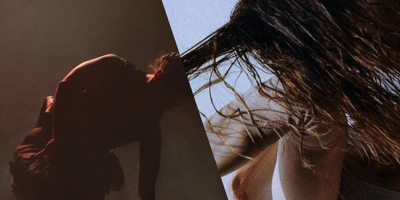 1: A silhouetted woman, appears off balance. Her legs entangled and her body leaning towards the floor. Yet there's a simultaneous feeling of calm and defiance. 2: A woman mid-motion looking like she is struggling with herself, hair tossed across her face with her knee reaching to her face as she is half-sat across the floor