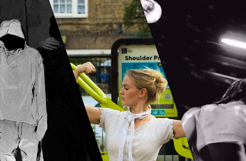 1: A figure in a reflective tracksuit stands in the centre of a crowd of obscured people dressed in black in front of a concrete wall. 2: A woman stands at in front of outdoor shoulder-press exercise machine, in a park next to a residential street. She is wearing white old-fashioned clothes. Her arms are raised and bent at the elbows as she flexes her biceps shamelessly. Her hair is tied back, and she starring inquisitively at her left bicep. 3: A Black and white image with struck with the motion of flickering lights in an audience. In the foreground there are 5 glittering disco balls varying in size and with a dancer underneath captured in a motion.