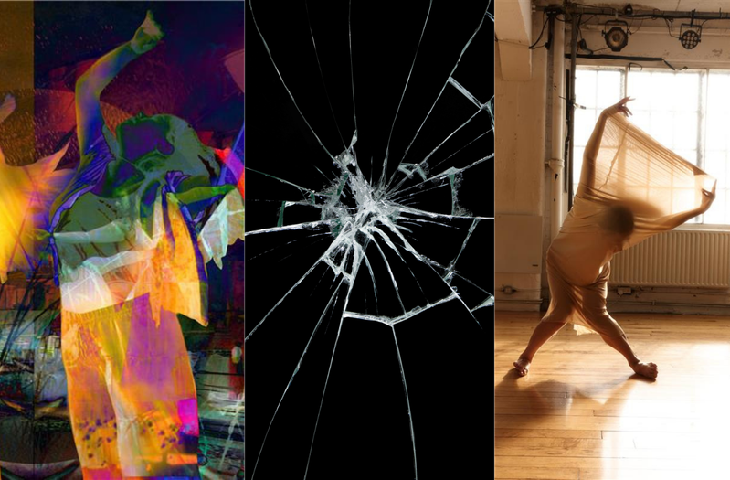 The image is divided into three parts. On the left, collage featuring silhouettes mid-movement with raised arms, formed from colourful, abstract patterned shapes. In the centre, a fracture in glass set against a pitch-black background. On the right, silhouette of a person standing with legs apart and knees bent inward, leaning forward as they lift their arms straight behind their back in a symmetrical pose, wearing translucent beige fabric that stretches from knees to arms as they extend.