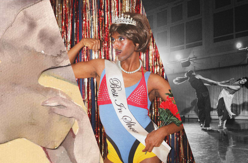 Resolution Review 50 minutes ago 1; A delicate watercolour painting of a reclining nude figure rendered in soft pinks, beiges and grey against a pale yellow background. The intiimate brushwork conveys vulnerability and repose. 2: A performer in a tiara, short brown wig and pearl necklace flexes one bicep against a red and gold tinsel curtain, holding a bunch of red flowers. 3: A black and white photo of two dancers seemingly spinning around holding each other's arms with a spotlight shining from the top right. A small crowd is sat down in the edge of the photo watching.