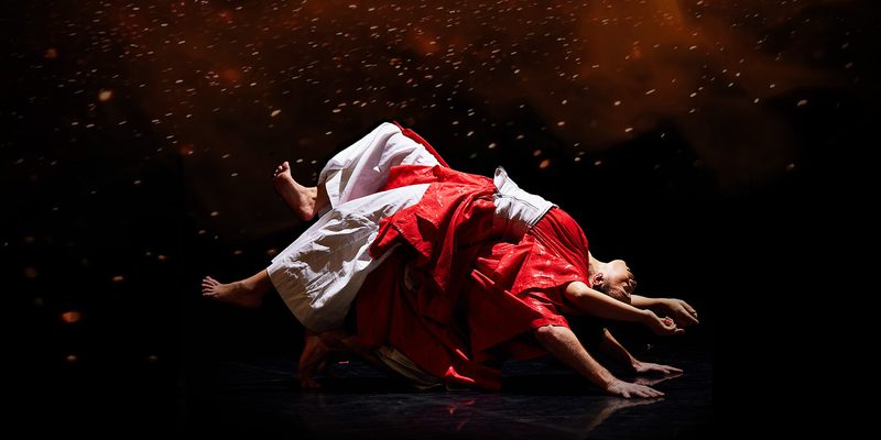 Two intertwined dancing figures wearing red and white are tangled upside down amidst a starry galaxy of swirling pink and red dusty tones