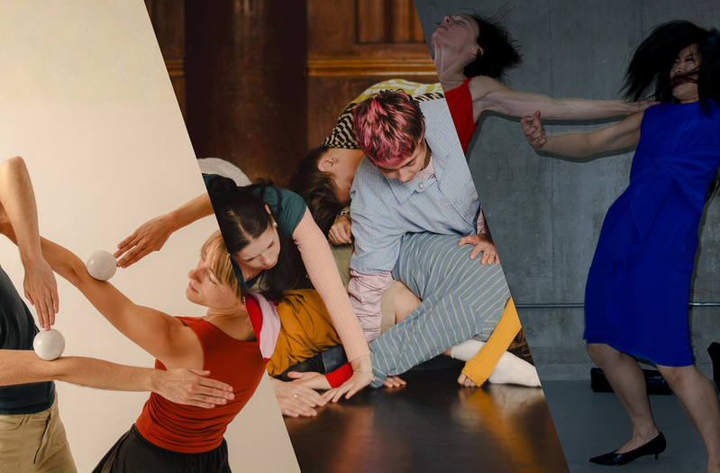 1:Two dances in a blue and red tank top, each holding their hands high in a right angle intertwined with their other arm, on the edge of their hand balancing a white ball, the two dancers almost mirroring each other. 2: Six dancers wearing colourful clothing are positioned on the floor. They pile together, limbs interweaving to create a sculpture of their collective bodies. 3: Three performers link outstretched arms while leaning and twisting in front of a grey concrete wall. The central performer wears a vivid blue dress, flanked by a performer in red and another in a white shirt, black tie and grey trousers. Their hair sweeps across their faces, suggesting vigorous movement.