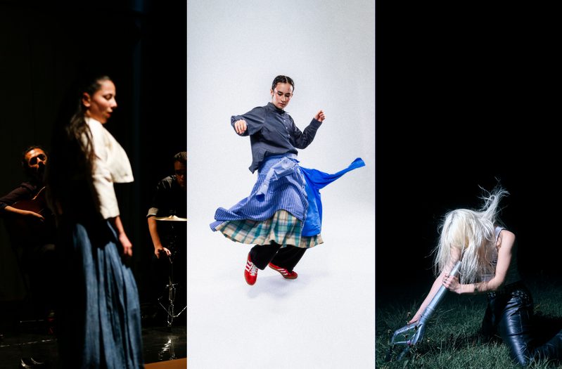 This image is divided into three parts. On the left, woman standing on stage in front of a group of musicians, wearing a long dark skirt and white jacket, captured in between movements with her arms by her sides. In the centre, person wearing a navy shirt and two blue shirts styled as a skirt with red sneakers, caught mid-movement, setting the fabric into motion. On the right, a person with long platinum blonde hair covering their face, wearing a white tank top and leather trousers, kneels on grass while holding a leaf blower aimed at their face, setting their hair into motion.