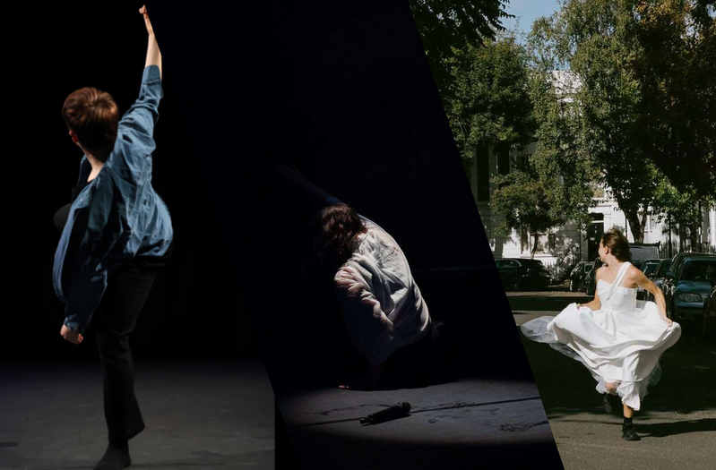 1: An image of a dancer standing on one leg wearing a blue shirt, black vest, black trousers and socks. The image is taken on a stage under stage lights, with a series of shadows being cast that flow outward from the image. The dancer, in an ambiguous position, is facing away from the audience through a twist in the spine. Their arm is swung up toward the top of the image, with the palm of their hand facing the audience. The rest of the body cascades down from the palm of the hand. The dancer is strawberry blonde and short. The background of the image is mostly black with a grey floor. 2: In a dark atmospheric setting, a seated figure turned to the back, on the edge of a small circle of light with faded edges - only visible is the back of a white, loose shirt and a gesture with the arms is hidden in the dark. A microphone lies on the floor and a few marks of the performers sweat are seen in the light. 3: A woman wearing a white wedding dress runs in the middle of a quiet street. She is holding the skirt of the dress and looking backwards. There is a sense of freedom, with a hint of uncertainty.