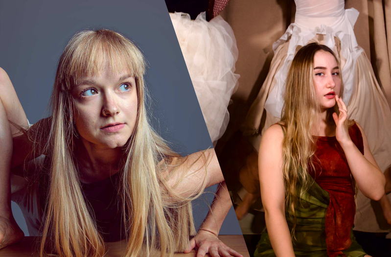 1: A blonde woman sits in a striking, unusual pose on a wooden table, with her hands and feet supporting her body. Her curious expression and sculpture pose create a playful, expressive feeling. 2: A group of six women lying closely together on a bed, wearing patterned and colourful clothing, with their heads resting against one another in a dimly lit room.