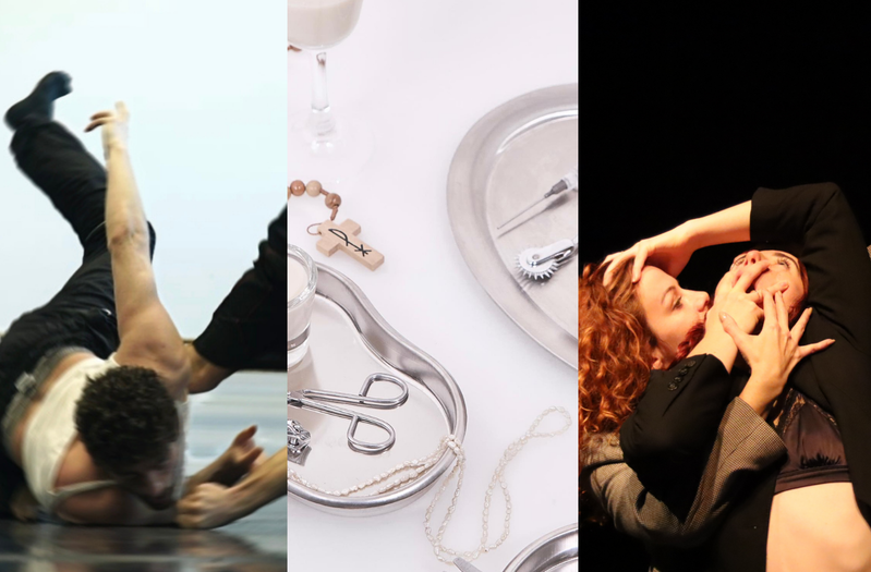 This image is divided into three parts. On the left, two dancers in a studio during a floor movement, one low to the ground while the other bends backward over them, limbs extended and motion blurred. In the centre, overhead view of metal trays holding a syringe, medical tools, a rosary, pearls, a small glass of milk, and an ornate book on a white background. On the bottom, a person dressed in a satin bra and black blazer leans backward, covering their open mouth with one hand and extending the other arm above their head to touch the head of another person embracing them from behind, who is wearing a grey blazer and has long, curly ginger hair.