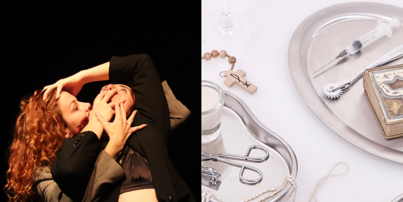 On the left, a person dressed in a satin bra and black blazer leans backward, covering their open mouth with one hand and extending the other arm above their head to touch the head of another person embracing them from behind, who is wearing a grey blazer and has long, curly ginger hair. On the right, overhead view of metal trays holding a syringe, medical tools, a rosary, pearls, a small glass of milk, and an ornate book on a white background.