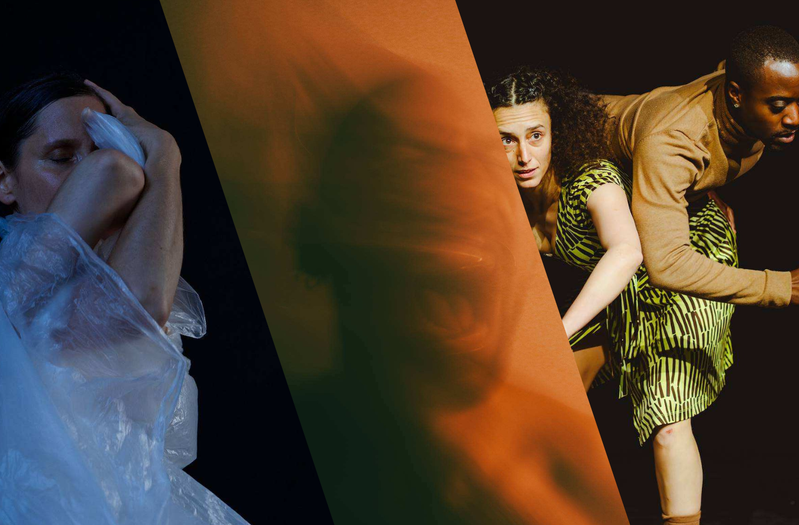 1: Performer impersonating both waterfall and human, expressing feelings of solastalgia 2: Close up image of a man's face expressing rage, the image is blurred with a shadow in a dark orange colour 3: a mixed race woman is bent over with a black man lying on her back like his is floating