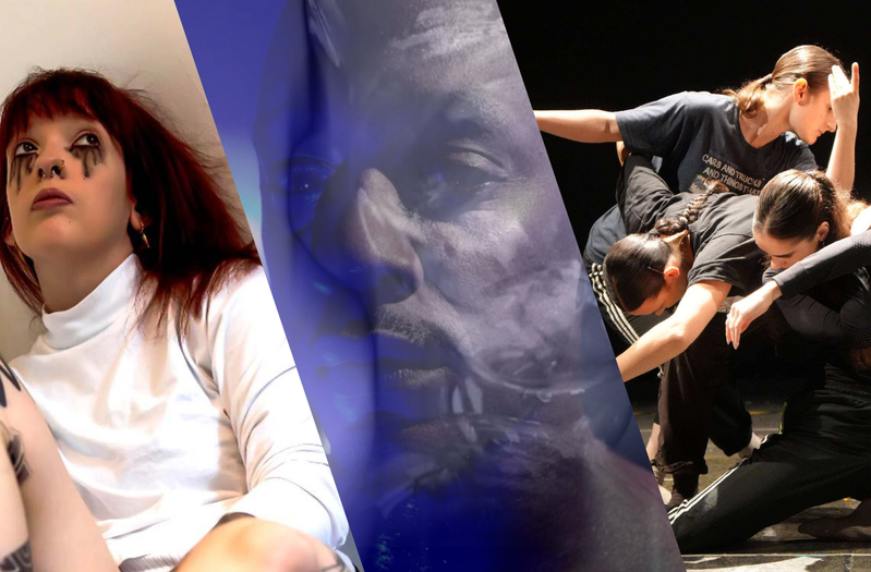 1: A red-haired woman sits against a bare wall, her tattooed legs drawn towards her as she looks upwards with a distant, unsettled expression. Makeup is running down her eyes. Her isolated position evokes vulnerability, confinement and a desperate longing for escape. 2: A distorted portrait of a man fused with a faded photo of another figure in the foreground too hazy to see, against a blueish background with some dreamy white streaks. 3: Three contemporary dancers lean sideways in a connected formation, their arms extending across one another as they lean towards one another.