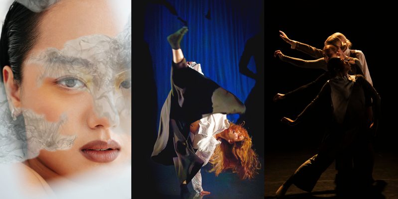 This image is divided into three parts. On the left, a double-layered image featuring a portrait of a person with slicked-back black hair, yellow eyeshadow, and brown lipstick, looking toward the viewer with their mouth slightly open, overlaid with white and grey abstract shapes resembling clouds. In the centre, a dancer with long, flowing hair performs a dynamic floor move onstage, balancing on one hand with one leg extended upward. They wear a white top and dark, loose trousers, illuminated against a deep blue backdrop with shadowy figures in the background. On the right, four people lined up behind one another, each extending their right arm diagonally to the side at gradually increasing heights, creating the appearance of a bird’s wing.