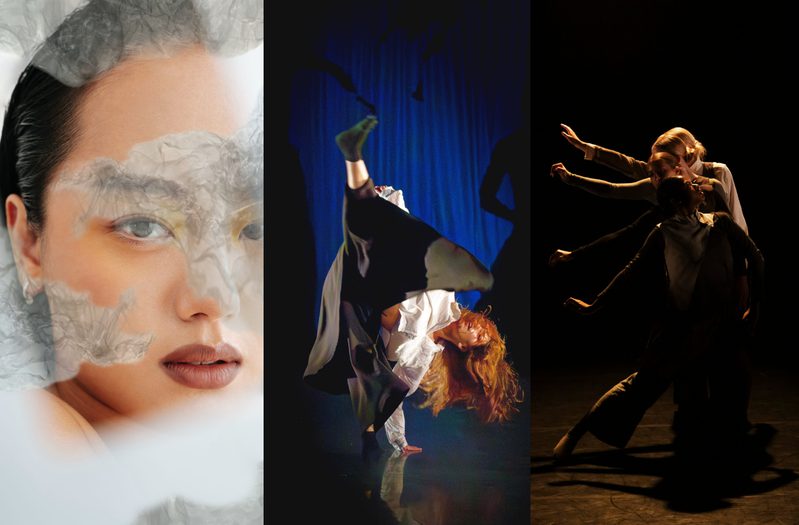 This image is divided into three parts. On the left, a double-layered image featuring a portrait of a person with slicked-back black hair, yellow eyeshadow, and brown lipstick, looking toward the viewer with their mouth slightly open, overlaid with white and grey abstract shapes resembling clouds. In the centre, a dancer with long, flowing hair performs a dynamic floor move onstage, balancing on one hand with one leg extended upward. They wear a white top and dark, loose trousers, illuminated against a deep blue backdrop with shadowy figures in the background. On the right, four people lined up behind one another, each extending their right arm diagonally to the side at gradually increasing heights, creating the appearance of a bird’s wing.