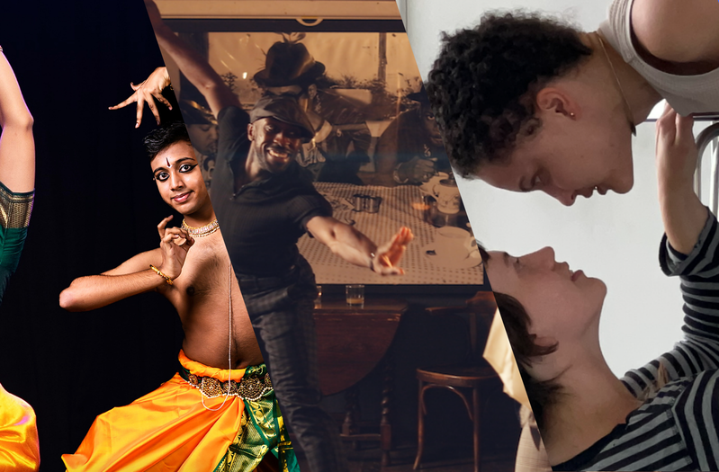 1: Two classical Indian dancers performing on a dark stage, wearing vibrant yellow, green and gold costumes with traditional jewellery and makeup, striking expressive poses with their arms and hands raised. 2: Two people dancing together in a warmly lit vintage-style room, smiling and raising their arms. They wear retro-inspired clothing, including flat caps and patterned trousers, with a large black-and-white photograph on the wall behind them. 3: Two dancers peer at each other, one is lying over the top of a table and the other is lying underneath on the floor looking up and holding onto the edge of the table. There is a sense of curiosity and playfulness, with an undertone of tension or power between them.