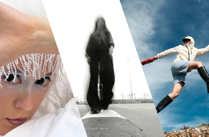 1: Iona Brie looks at the camera with hands splayed. Iona wears a white shirt and a 1920s inspired head piece. 2: A female figure dressed in black with a blurred face in black and white balancing on a slight bump on a concrete-made parking lot, from below. 3: Framed against a bright blue sky and wispy clouds, a person clad in knee-high black boots, light blue jean shorts and a cream-coloured puffer jacket with the hood up is mid-jump. In their trailing hand is a fire extinguisher.