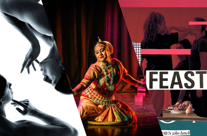 1: A man in black and white against a bright white backdrop. We can only see the back of his head. Two hands smoothly placed around his head with fingers touching his face. The same silhouette figure is mirrored on the left and right, flipped upside down. 2: A dancer performing part of the “abhinaya” (enactment) as part of the Odissi repertoire on a stage with a red light backdrop and red curtains. 3: A collage-style poster for FEAST, featuring three female dancers seated around and on top of a dining table layered against a deep red background. Cut-out imagery of food, flowers, shoes, patterned textures and fragments of text surround the dancers, creating a surreal visual world centred on eating, femininity and social rituals.
