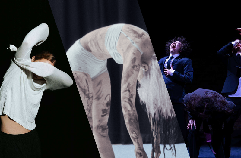 1: Brown-haired dancer in white twists with her arms raised across her face, creating a feeling of concealment and tension. 2: Image of a female presenting person kneeling on top of a large paper, with both of their arms and one leg stretched out. Their light hair is saturated with black paint, and its being dragged onto the paper creating abstract patterns. 3: Spotlit against total darkness, three performers in dark suits play political figures in excessive laughter: one with a wide mouth laugh, one with arms raised and one doubled over, hair spilling forward.