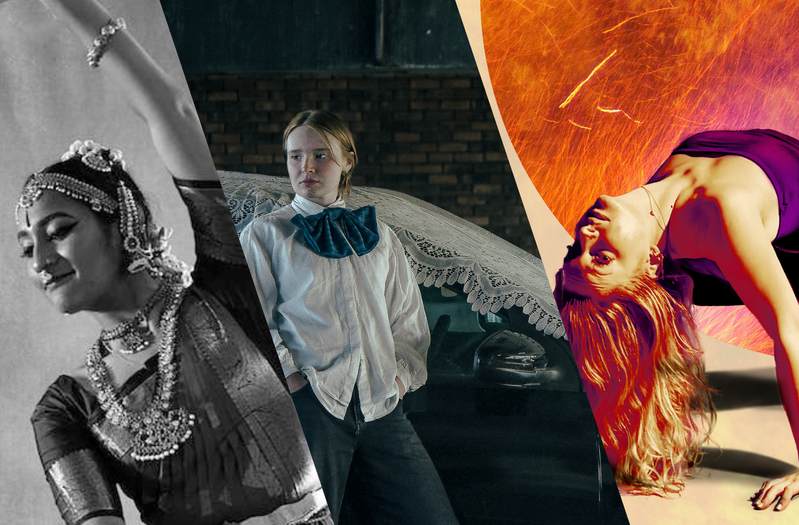 1: A female classical Indian dancer in traditional jewellery and a dark red costume, performing an expressive hand gesture against a warm, softly lit background. 2: A photograph of two young white women wearing white shirts and blue tartan ties in a multistorey car park. One stands behind a black hatchback, which has a white lace sheet over it, and one stands in front of it, leaning on the car, and both women pensively look diagonally to the viewer's left. 3: Two women hold expressive dance poses against a glowing circle of fire set on a dark backdrop, creating a striking atmosphere of power, ritual and transformation.
