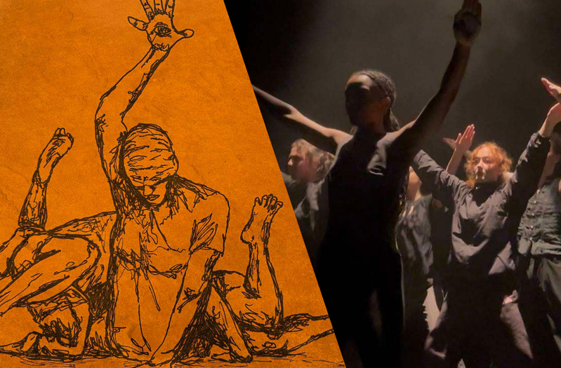 1: A drawing of person is emerging from tangle of bodies on the ground, against an orange background. Their face is covered and they are reaching their right hand above their head. There is an eye in the palm of this hand, searching out above the chaos of the limbs below. 2: Six dancers share a small space, their hands are lifted in a triangle shape, similar to being in a crowded elevator with strangers. The image is lit from above and creates a moody atmosphere. the dancers share the same blank expression.