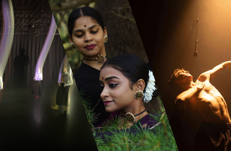1: This photo portrays how big and alienated ego can make you look and feel. They all look smart with a sprinkle of colour. 2: Two dancers in close proximity surrounded by foliage, with hands moving in graceful gestures, eyes downcast in focus and connection. 3: A topless male dancer bends away from a microphone, the camera arresting his movement as he spins. One hand rests on his chest, just below the microphone.