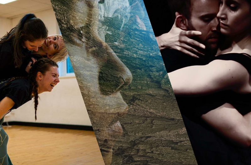1: Three women embrace each other, they are all smiling whilst dancing together. 2: Two dancers, one female and one non-binary, look towards each other on either end of the image in hope and determination. Bark and moss textures of a tree camouflage their faces and across the image. In the centre a bright, blue light illuminates the image with dancers running across the centre space. 3: Two dancers embrace closely against a dark background, with one dancer’s arm reaching upward while the other holds them around the waist. Their restrained expressions and intertwined bodies create a sense of intimacy and emotional tension.