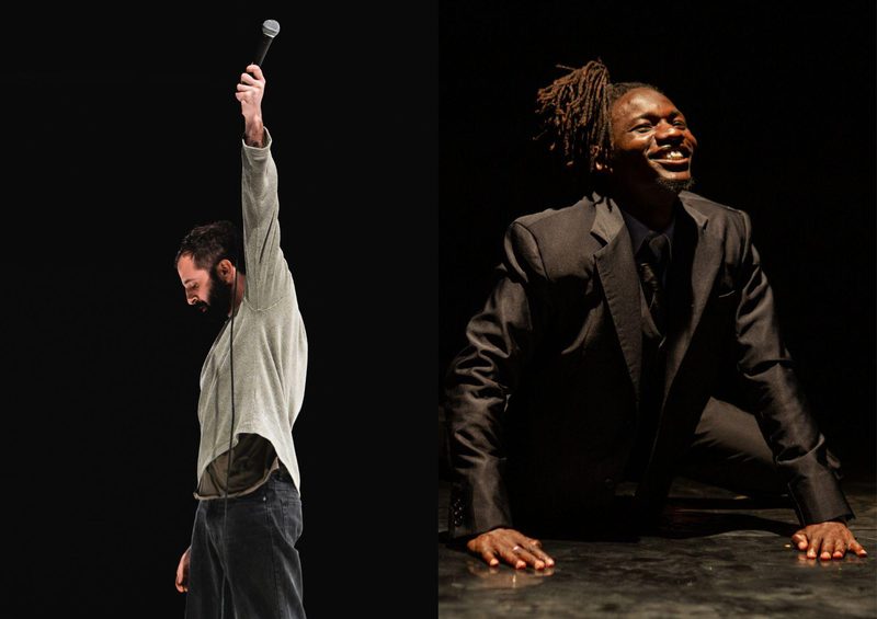Split image showing two performers on a dark stage. On the left, a bearded man stands in profile holding a microphone aloft with one arm extended above his head. On the right, a smiling performer in an oversized dark suit crouches low with both hands on the floor. Both figures are isolated against a black background and lit by stage lighting.