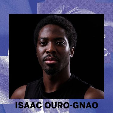 An image of Issac Ouro-Gnao on a blue background. His name is in bold black letters below the image. Image description: A studio portrait of a young man with dark brown skin, wearing a black sleeveless top, photographed against a solid black background. He has short natural afro hair and a light goatee, and gazes slightly upward and to one side with a calm, composed expression.