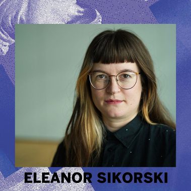 An image of Eleanor Sikorski on a blue background with her name below. Image description: 37yr old white woman with straight brown hair, short blunt fringe and black buttoned up shirt looks straight at camera. The picture is taken indoors. There is a distant white wall behind her. Her expression is formal but friendly.