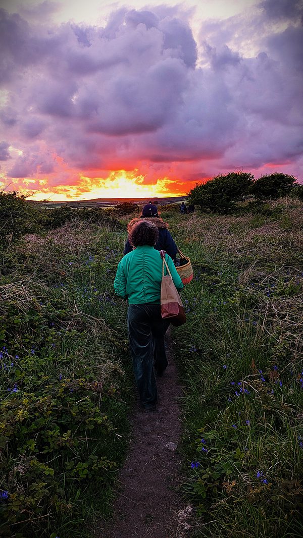 Several women walking single file along a narrow grassy path through tall wild vegetation at sunset. The sky is filled with dramatic purple-grey clouds, while a bright orange glow on the horizon lights the landscape ahead, silhouetting the figures as they move toward it.