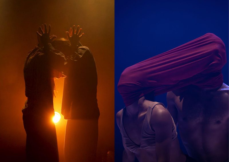 This image is split into two parts. On the left, two figures are silhouetted against a warm, glowing orange light in a hazy atmosphere, their hands raised with fingers spread. On the right, against a deep blue background, a dancer in a light-coloured top is linked to a shirtless partner by a length of vibrant magenta fabric that stretches over their heads, obscuring their faces and creating a sculptural, abstract form.