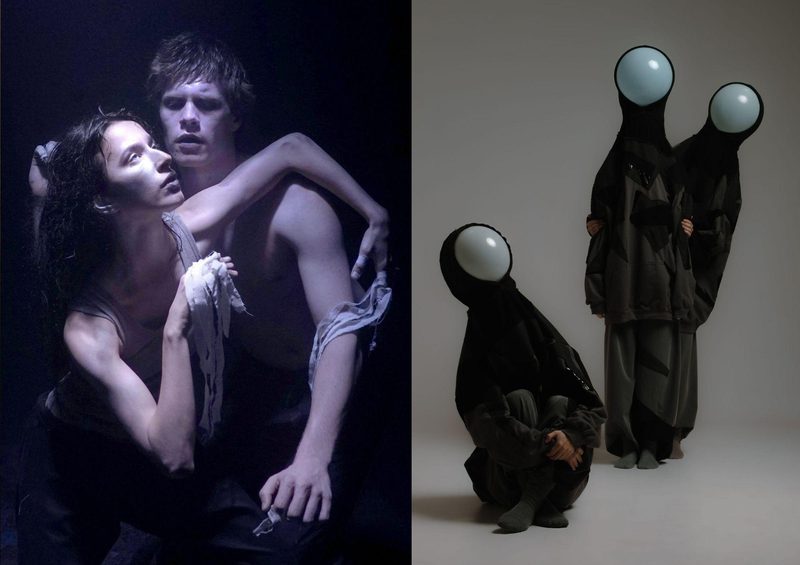This image is divided into two parts. On the left: two people in a dimly lit space, appearing distressed. One of them has tattered white fabric wrapped around their hands. On the right: three figures in a bright studio wearing dark, oversized attire and large glowing orbs instead of heads; one sits while two stand behind.
