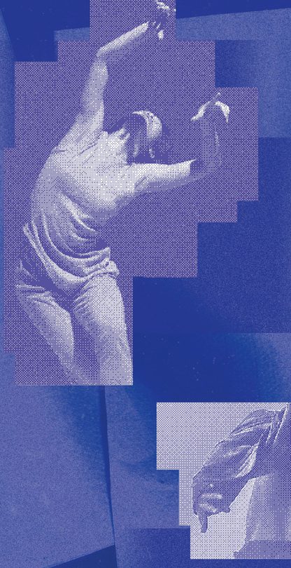 Three grainy blue photographs of dancers on a blue background.