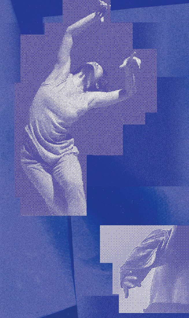 Three grainy blue photographs of dancers on a blue background.