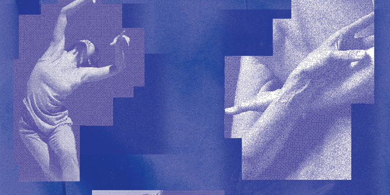 Three grainy blue photographs of dancers on a blue background.