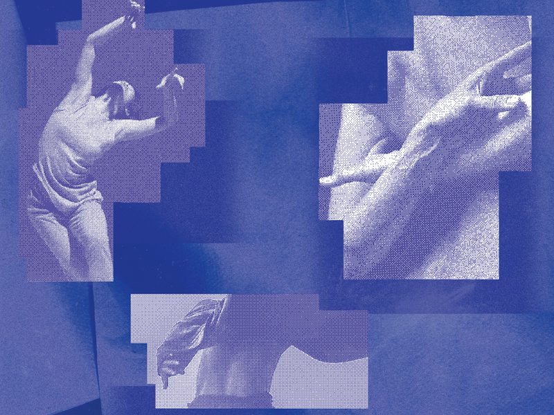 Three grainy blue photographs of dancers on a blue background.