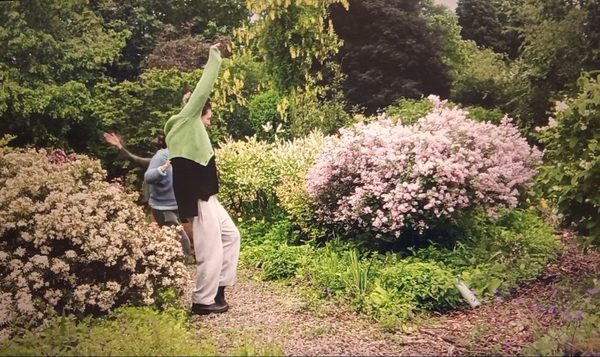 Two people dance along a garden path, one with arms raised, surrounded by flowering shrubs and dense greenery. The scene captures a relaxed moment in a lush, landscaped garden, with blooming bushes lining the path and trees in the background