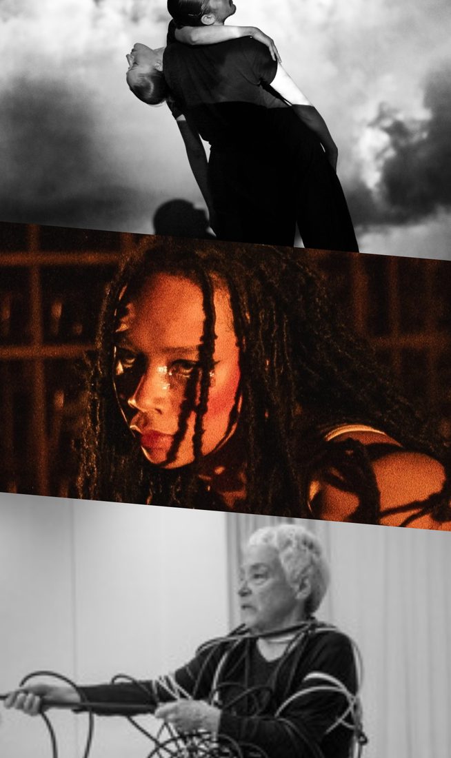 This image is divided into three parts. On the top, black-and-white photo of two people, one in a black T-shirt and trousers leaning back and looking sideways while holding another partly hidden behind them with an arm wrapped around their neck. In the middle, person with long black braids wearing a nude camisole, shown from the shoulders up at a diagonal angle, holding an intense gaze under warm light. On the bottom, black-and-white photo of an older adult sitting in a studio, wrapped in a large bundle of cables and holding one cable while looking to the side.