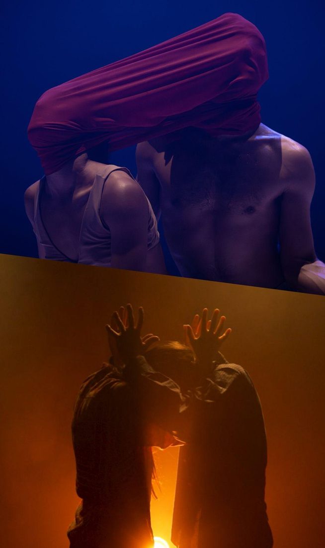 This image is divided into two parts. On the bottom, two figures are silhouetted against a warm, glowing orange light in a hazy atmosphere, their hands raised with fingers spread. On the top, against a deep blue background, a dancer in a light-coloured top is linked to a shirtless partner by a length of vibrant magenta fabric that stretches over their heads, obscuring their faces and creating a sculptural, abstract form.