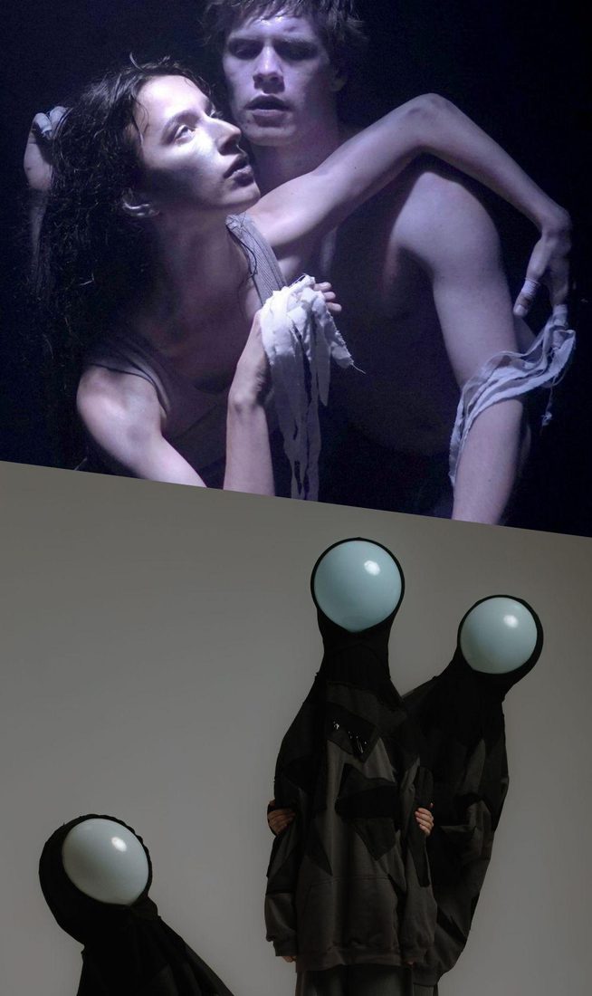This image is divided into two parts. On the top: two people in a dimly lit space, appearing distressed. One of them has tattered white fabric wrapped around their hands. On the bottom: three figures in a bright studio wearing dark, oversized streetwear and large glowing orbs instead of heads; one sits while two stand behind.