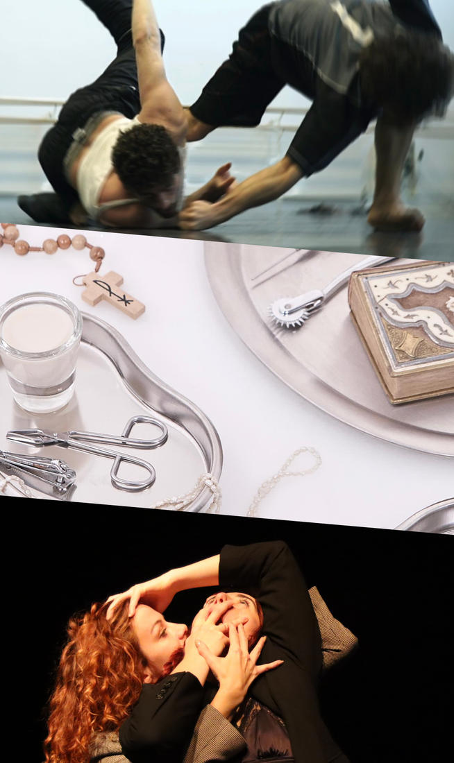 This image is divided into three parts. On the top, two dancers in a studio during a floor movement, one low to the ground while the other bends backward over them, limbs extended and motion blurred. In the middle, overhead view of metal trays holding a syringe, medical tools, a rosary, pearls, a small glass of milk, and an ornate book on a white background. On the bottom, a person dressed in a satin bra and black blazer leans backward, covering their open mouth with one hand and extending the other arm above their head to touch the head of another person embracing them from behind, who is wearing a grey blazer and has long, curly ginger hair.