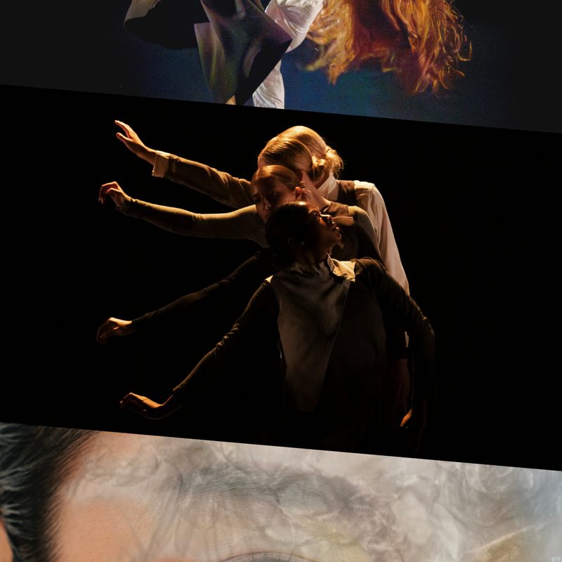 This image is divided into three parts. On the top, a dancer with long, flowing hair performs a dynamic floor move onstage, balancing on one hand with one leg extended upward. They wear a white top and dark, loose trousers, illuminated against a deep blue backdrop with shadowy figures in the background. In the middle, four people lined up behind one another, each extending their right arm diagonally to the side at gradually increasing heights, creating the appearance of a bird’s wing. On the bottom, a double-layered image featuring a portrait of a person with slicked-back black hair, yellow eyeshadow, and brown lipstick, looking toward the viewer with their mouth slightly open, overlaid with white and grey abstract shapes resembling clouds.