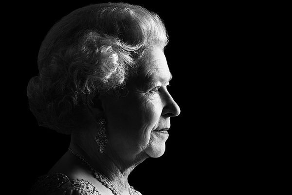 Portrait of Her Majesty the Queen Elizabeth II in black and white looking toward the right