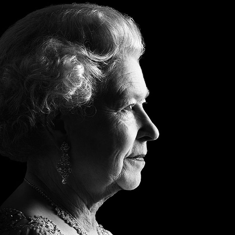 Portrait of Her Majesty the Queen Elizabeth II in black and white looking toward the right