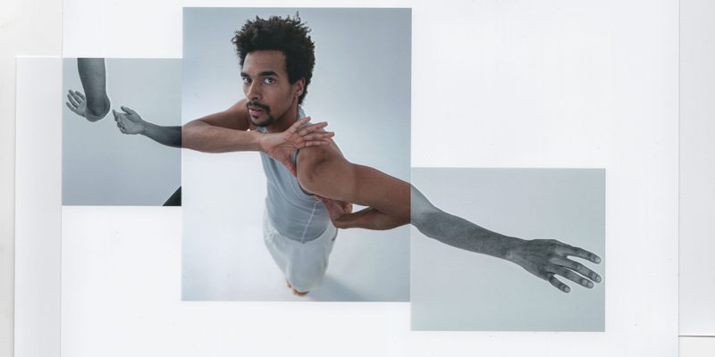 A collage of three images of a male dancer, showing him looking at the camera, then surrounded by fragmented photos of his hands