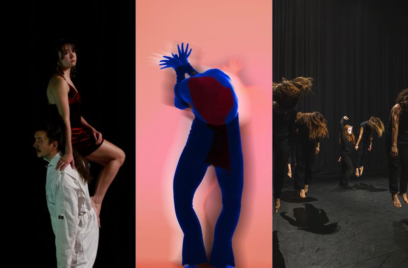 This image is divided into three parts. On the left, a person in a white overall faces right, holding on their shoulders a person in a short red dress facing left, both gazing ahead. In the centre, blue silhouette of a person seen from behind, knees bent and head lowered out of view, arms raised above their back with palms spread, posed against a salmon-orange background. On the right, a group of people dressed in full black jumping and looking down, their loose hair set in motion, while one person at the back wearing a white animal mask poses with their right arm raised overhead.