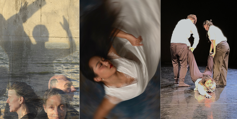 This image is split into three parts. On the left, a layered image featuring a sea with two distant figures standing before it, a light brick wall casting shadows of three posing figures, and three people shown from the shoulders up, one facing forward, with two behind her in profile facing right and left. In the centre, blurred image of a person with long black hair, seen upside down, wearing a long white dress, leaning sideways with arms raised to shoulder level and elbows bent at right angles. On the right, three people, all wearing white t-shirts and black trousers, are in an all-black theatre setting, with two standing back to the audience, lifting the legs of a third person lying on their stomach, looking forward and reaching ahead.