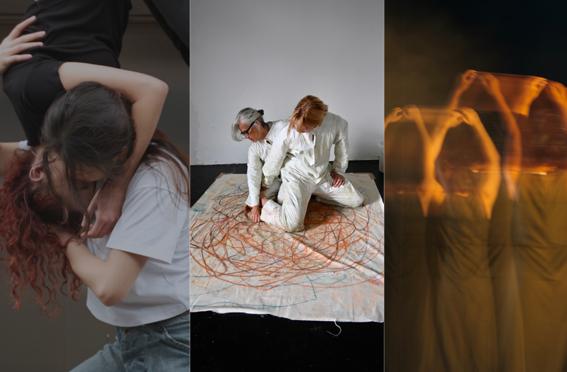 This image is divided into three parts. On the left, two people are embracing, with one suspended above and hanging downward, wearing a black T-shirt and jeans, while the other stands below, wearing a white T-shirt and blue jeans. In the centre, two people wearing all-white attire kneel closely together, one partly atop the other, looking sideways, on a rectangular white drape marked with abstract multicoloured lines. On the right, a blurred photo shows a group in uniform grey dresses standing in formation with their backs to the audience, arms raised overhead, while one figure stands off to the right, set apart with arms resting by her sides.