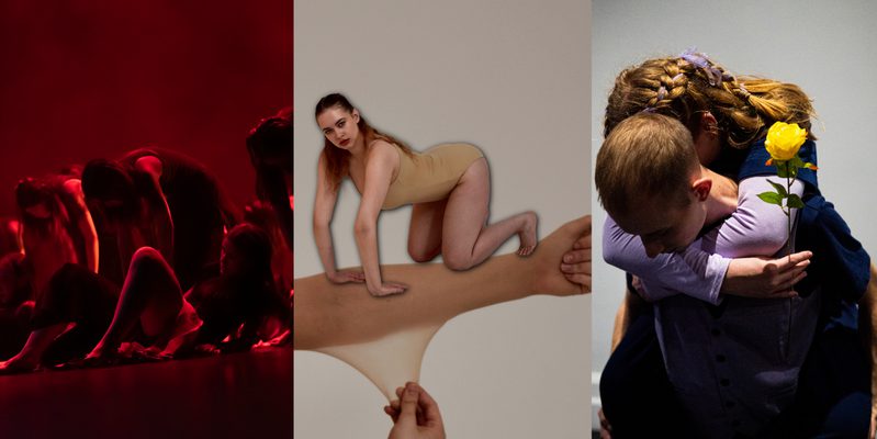 This image is divided into three parts. On the left, in red light, two rows of people, with the front row lying on their backs propped on elbows with knees bent, and the row behind leaning forward with arms hanging down. In the centre, an extended arm clenched in a fist, dressed in a sheer, beige stocking which is being pulled down by another hand, and with a disproportionately small person, wearing a beige leotard, crouching on all fours atop the arm, gazing toward the viewer. On the right, a person with short hair wearing a blue shirt leans forward with their face down, holding on their back another person whose hair is long and partially braided, wearing a navy T-shirt layered over a light purple long sleeve, and holding a yellow rose in their hand.