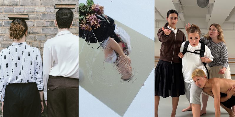 This image is divided into three parts. On the left, two people wearing white shirts – one patterned with letters – and dark trousers stand with their backs to the viewer in front of a brick wall, arms at their sides, each balancing a book on their head. In the centre, A woman’s smudged reflection in a mirror as she looks at herself, with withered flowers resting in the mirror’s top left corner, while the woman’s feet and the hem of her skirt are visible below. On the right, four people in a bright room, three gazing intensely at the viewer while the fourth raises an arm above the middle person’s head, looking at them.